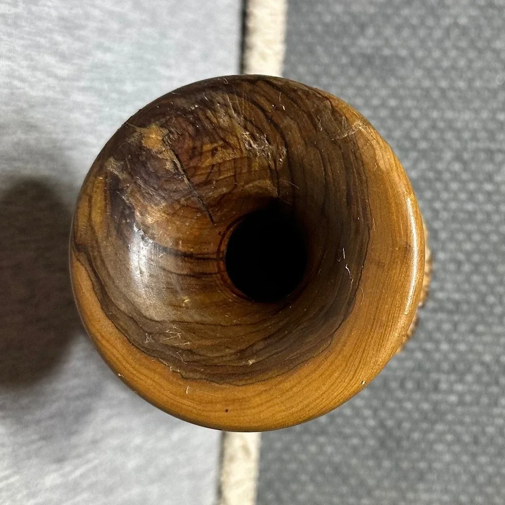 Vtg Hand Carved Boho Olive Wood Bud Vase Holy Land Gazelle Deer Animal Relief 6